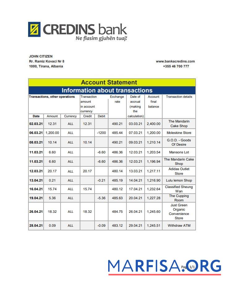 Blank Albania Credins bank statement excel download for verification